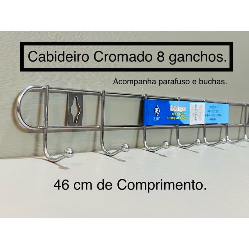 Cabideiro Suporte de parede reforçado 8 ganchos cromados 46 cm.
