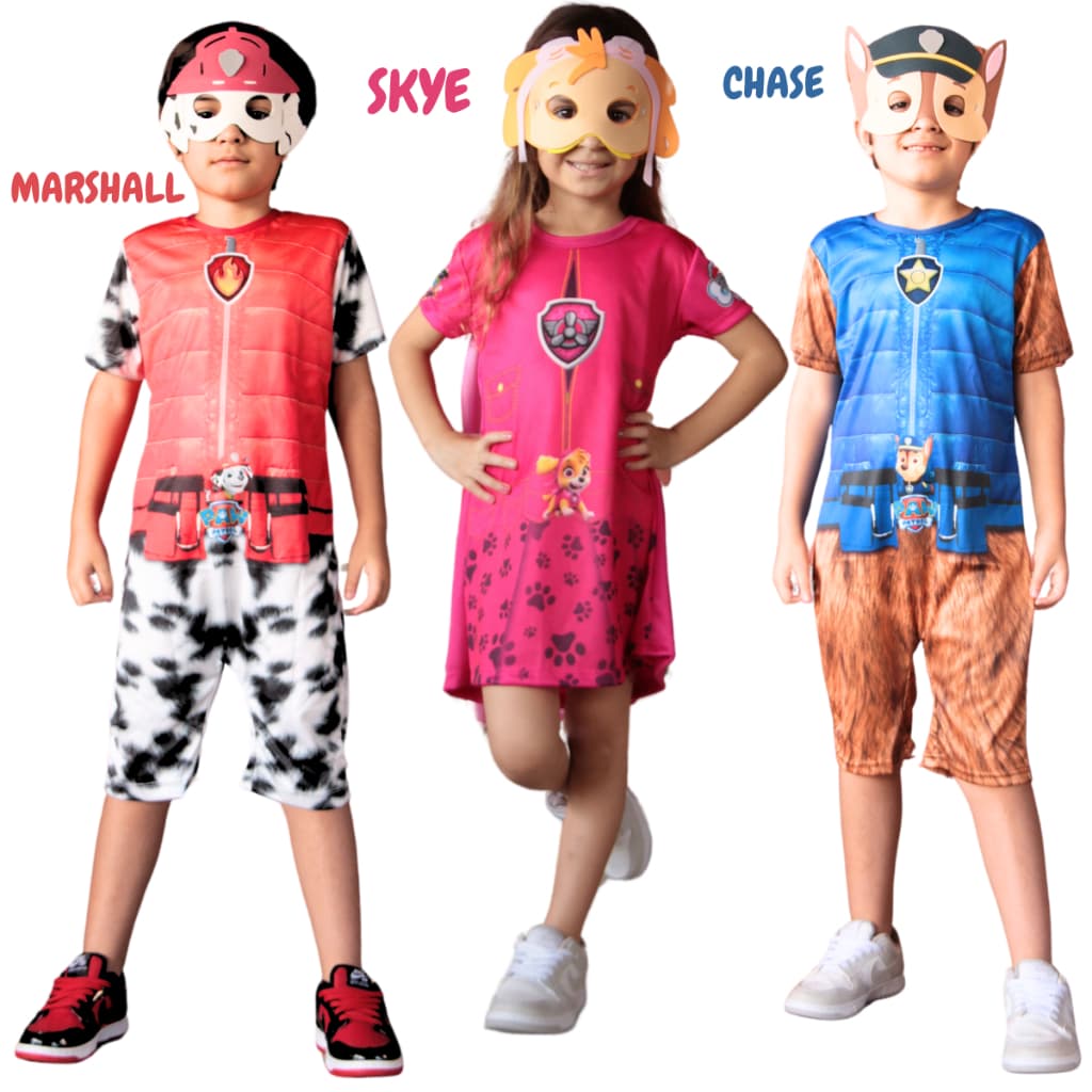 Fantasia  Infantil menina e Menino Patrulha Canina  skye Chase e Marshall + Máscara em E.V.A
