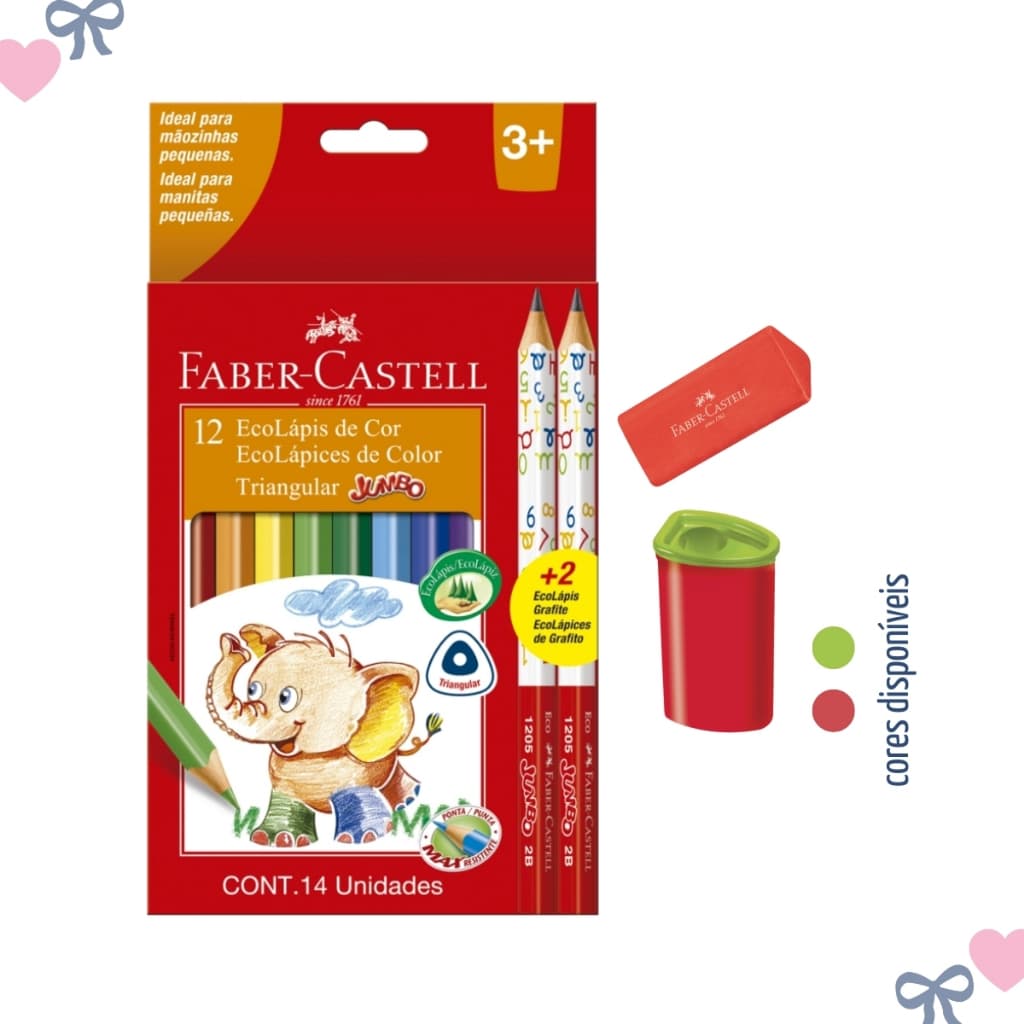 Kit Lapis de Cor Jumbo Faber Castell 12 Cores + 2 Lapis de Escrever + Apontador + Borracha