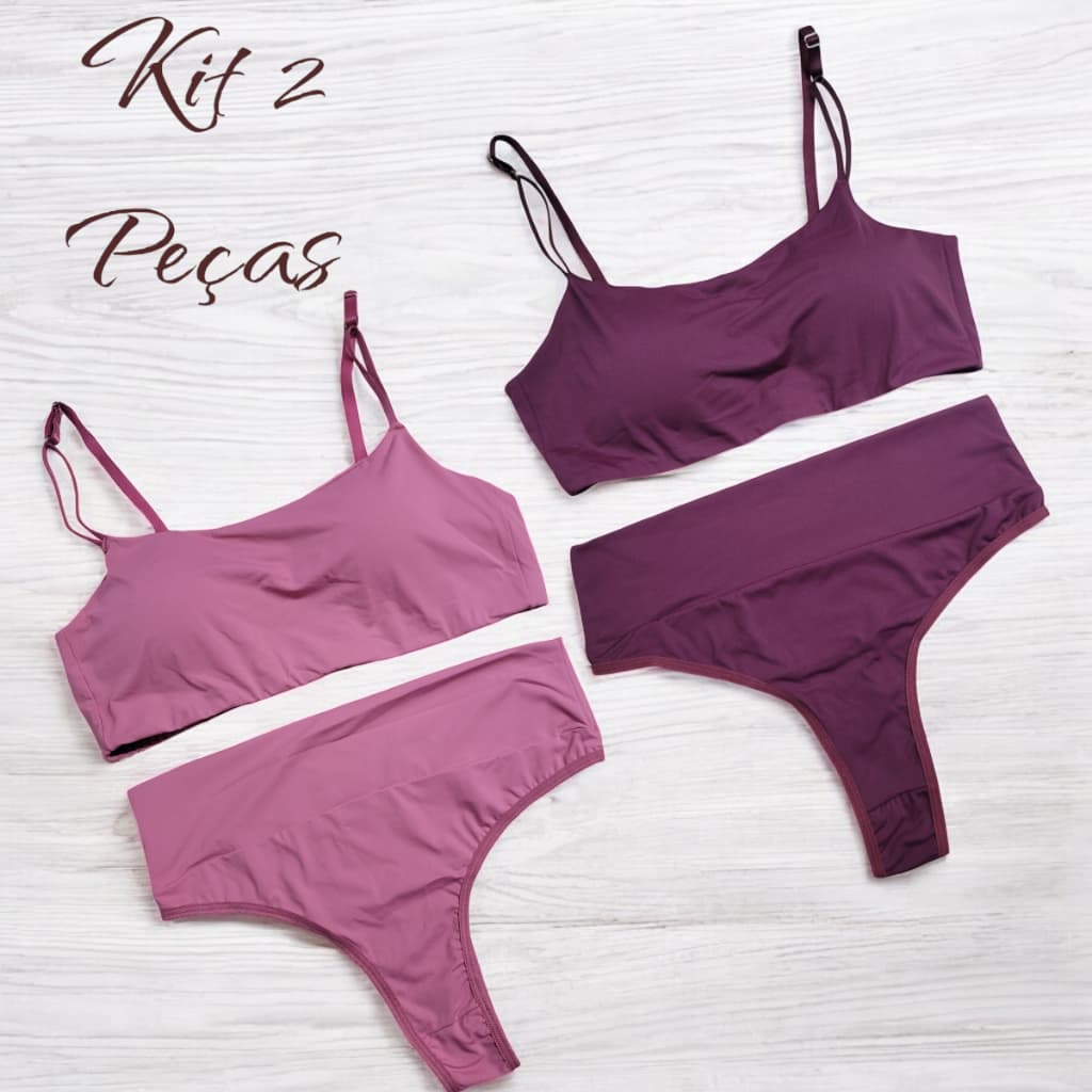 Kit 2 Conjunto Feminino Sutiã com Bojo Removível e Calcinha Cós Alto Tanga Fio Dental