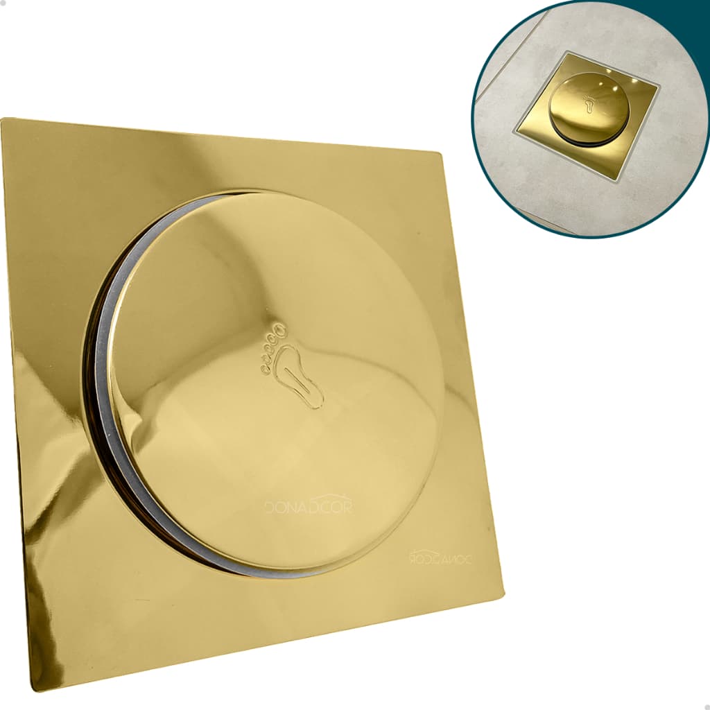 Ralo Click Dourado 15x15 Ralo Inteligente Quadrado Aço Inox 15 cm para Banheiro Chão de Lavabo