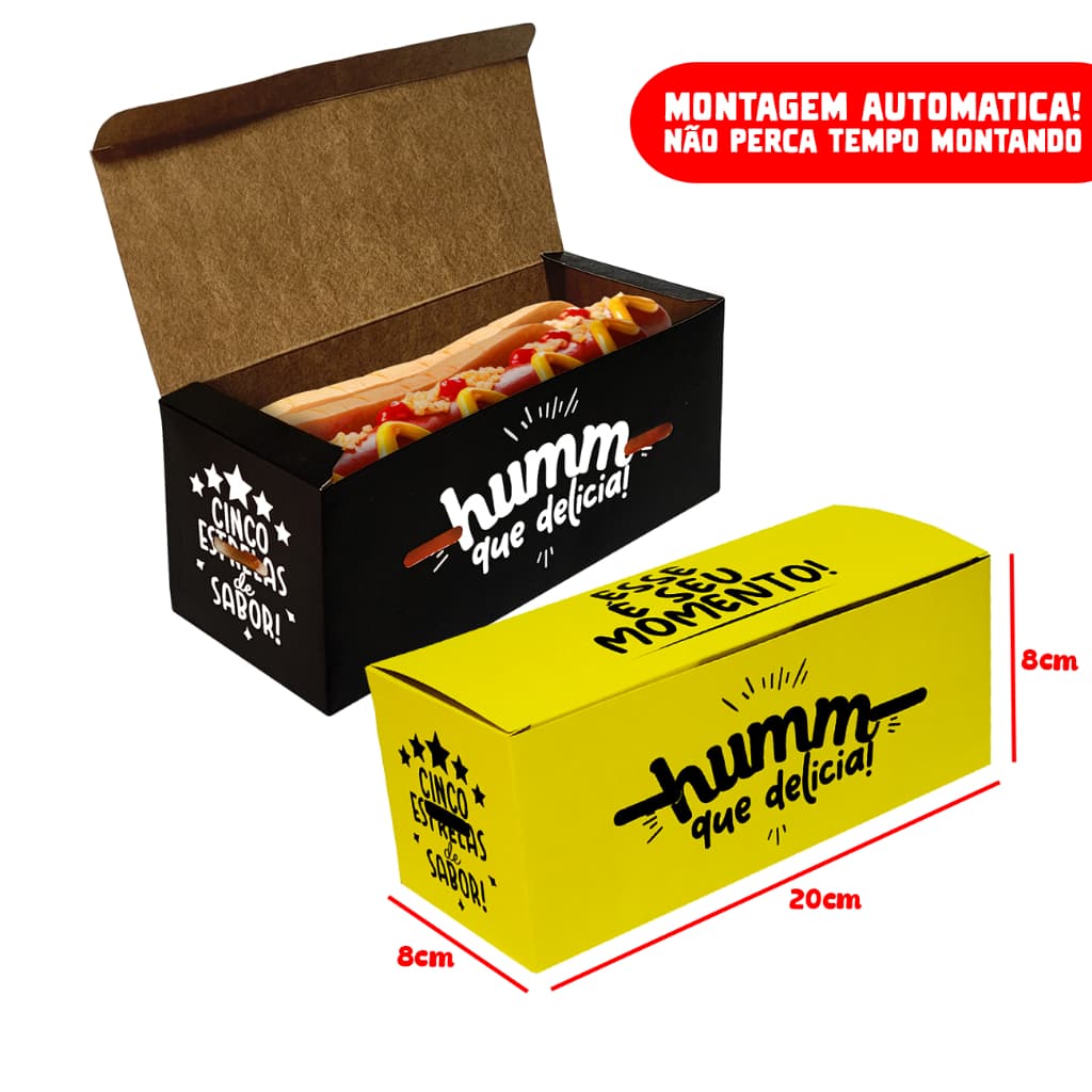 Caixa Embalagem para Hot Dog Delivery Cachorro Quente (20x8x8cm) – 20, 50, 100 unidades