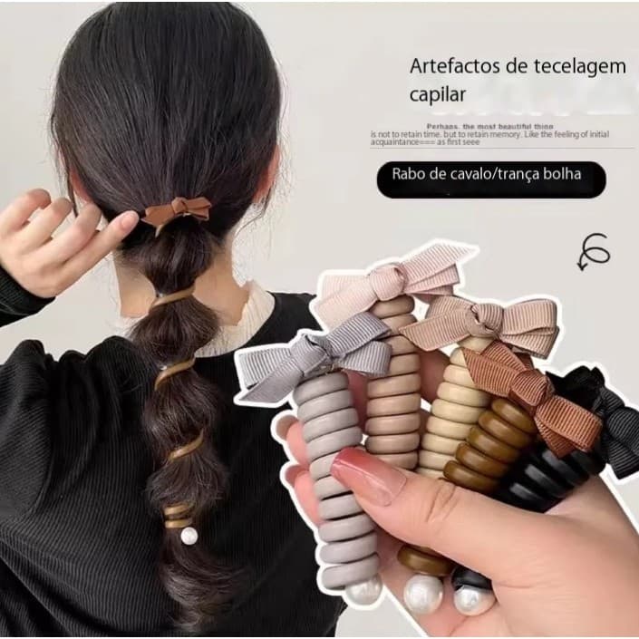 kit 3 un  Elástico de Cabelo com Laço de Pérola e Design de Borboleta - Acessório Elegante para Coques e Rabos de Cavalo