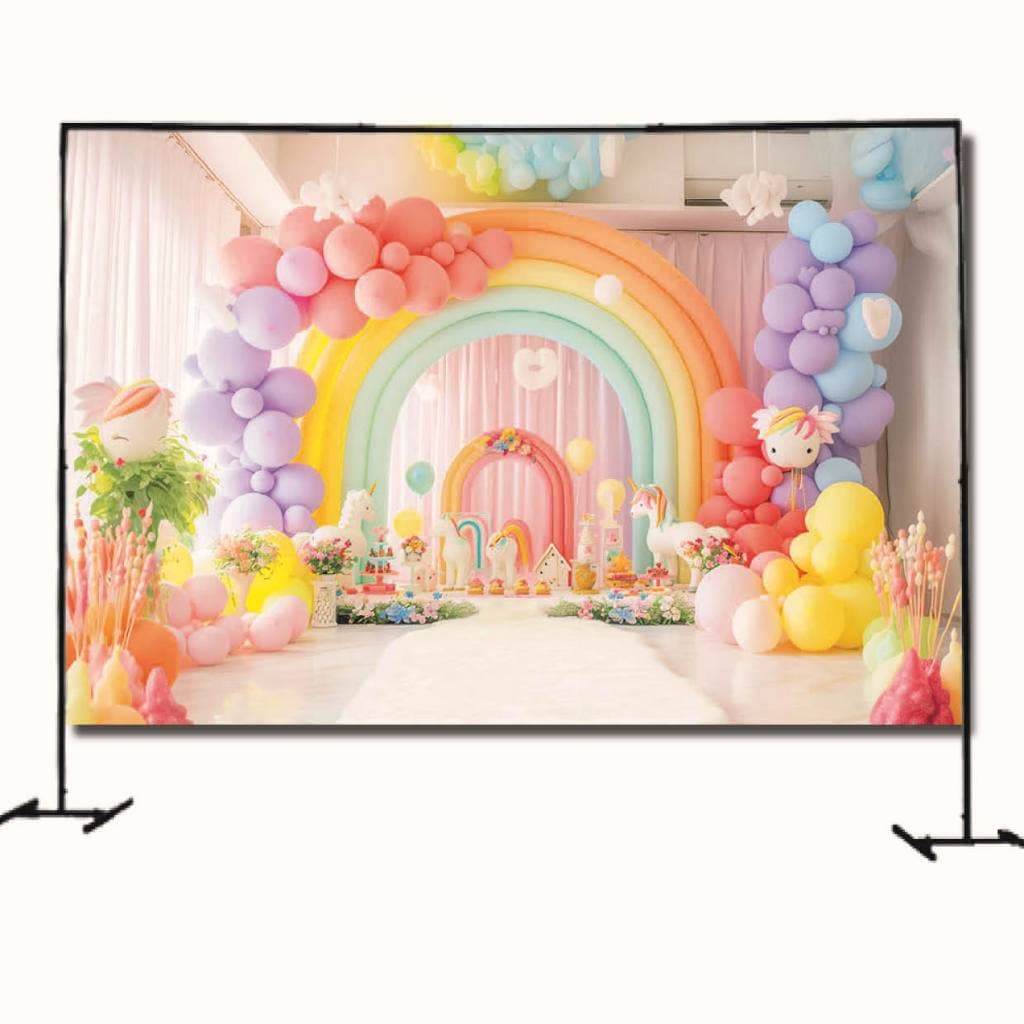 Fundo Cenário Fotográfico e Painel de Aniversário Decoração Balões Bexigas, Cortinas e Arco Íris