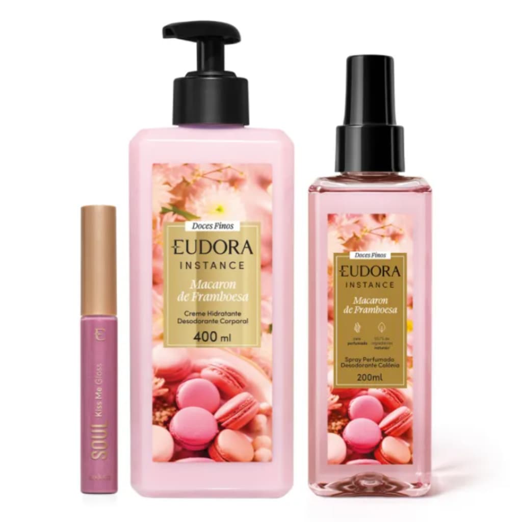 Eudora - Instance - Combo Macaron de Framboesa: Spray Perfumado 200ml + Creme Hidratante 400ml + Gloss 5,2ml