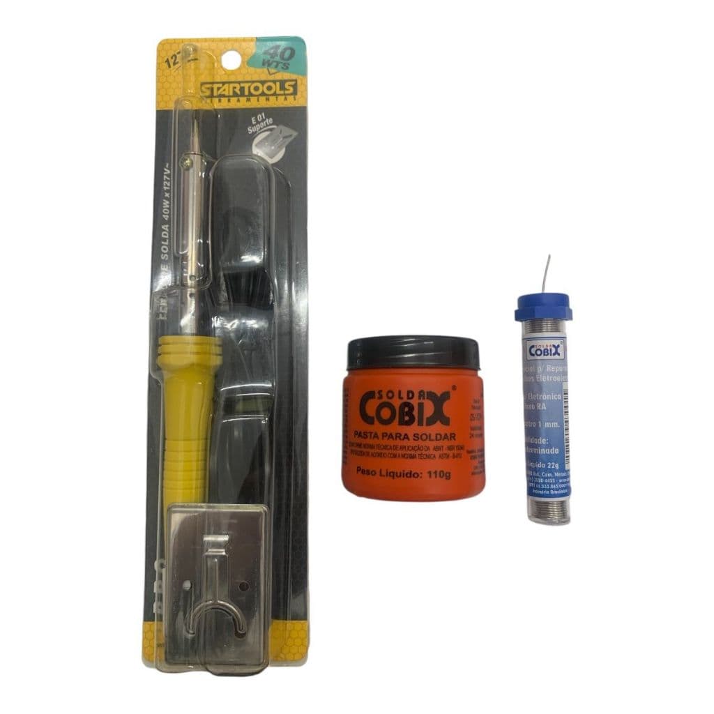 Kit para solda c/ ferro de solda 40w + tubo de estanho cobix 22g + pasta para solda cobix 110g