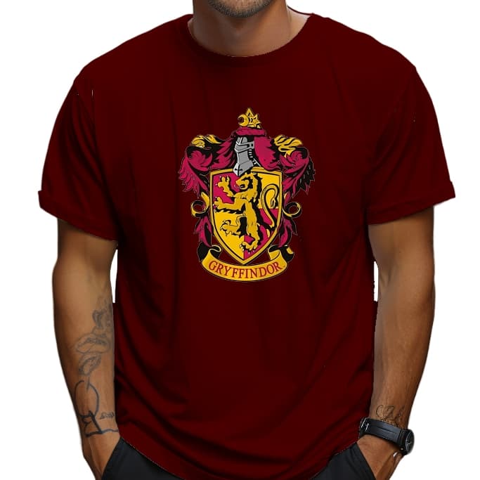 Camiseta Grifinória Harry Potter Camisa Brasão Hogwarts Casa Emblema Gryffindor Potterhead