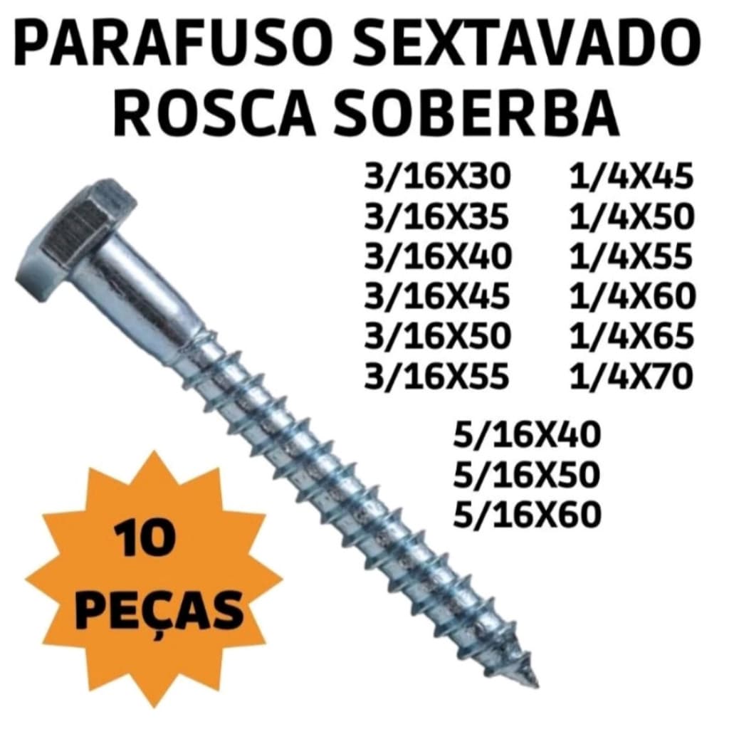Parafuso Sextavado Rosca Soberba Cromado Kit com 10 Peças