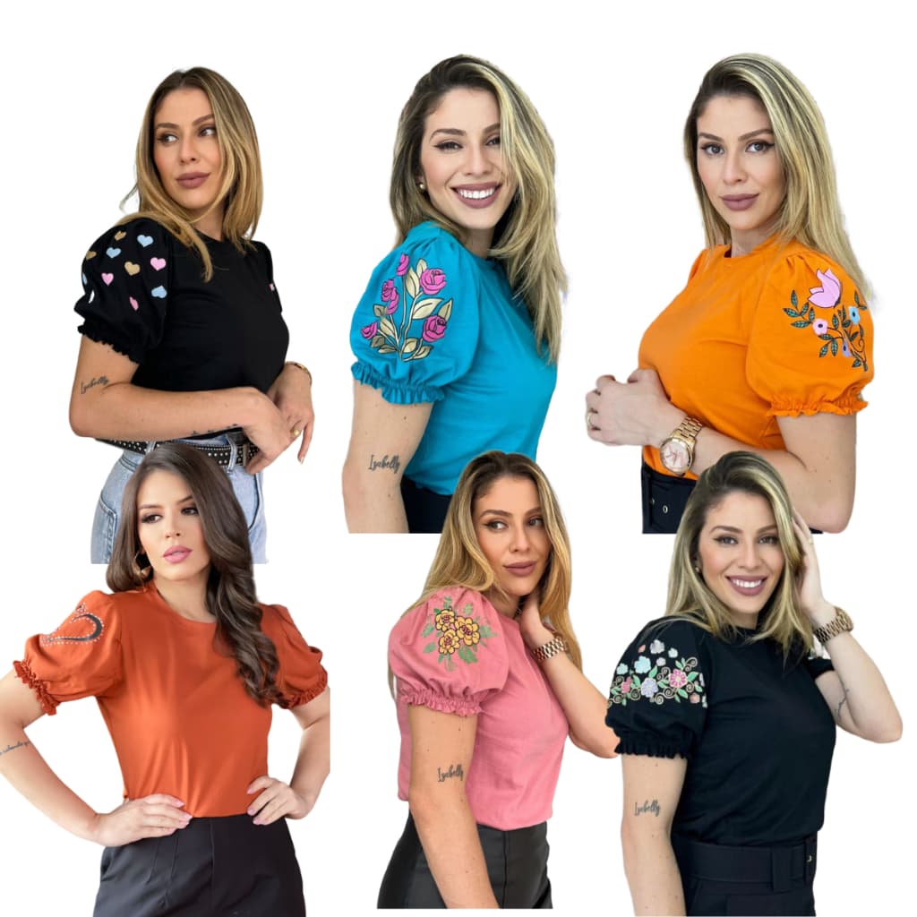 Kit 6 Blusa T-shirt Feminina Manga Bufante Silk 3D 100% Algodão Fio 30