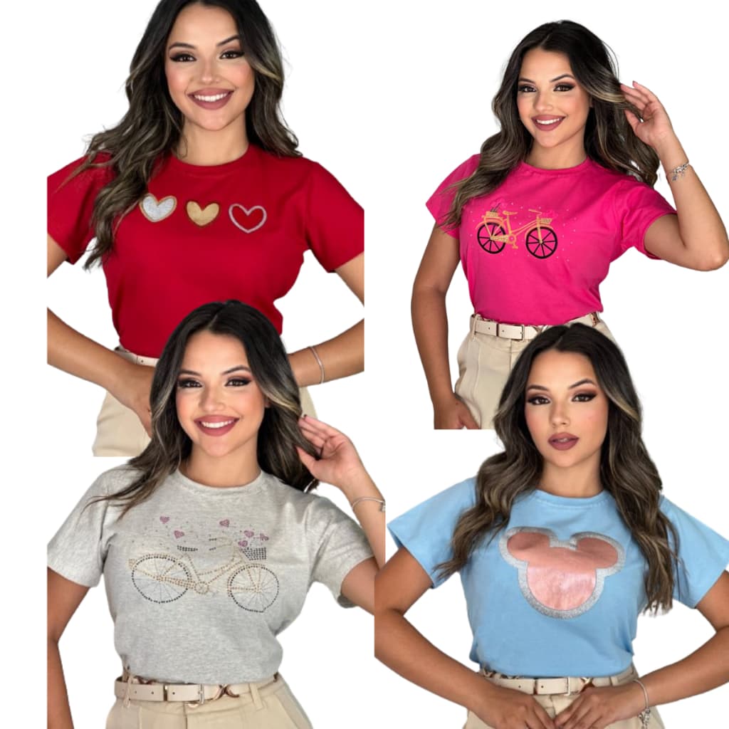Kit 4 Camiseta T-shirt Feminina Baby Look Estampada 100% Algodão estampa