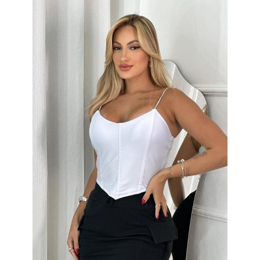 Cropped Feminino Morcego Couro Cirre Alça Brilhante Strass Decote V com bojo Moda Feminina Festa Balada