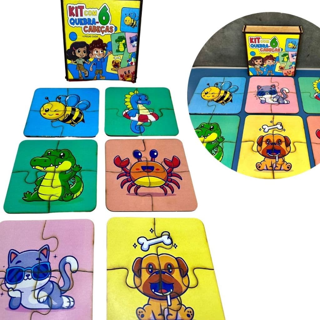 Kit 6 Jogos Quebra Cabeça Animais Infantil em madeira Mdf 4 peças cada (6 unidades) 1 ano