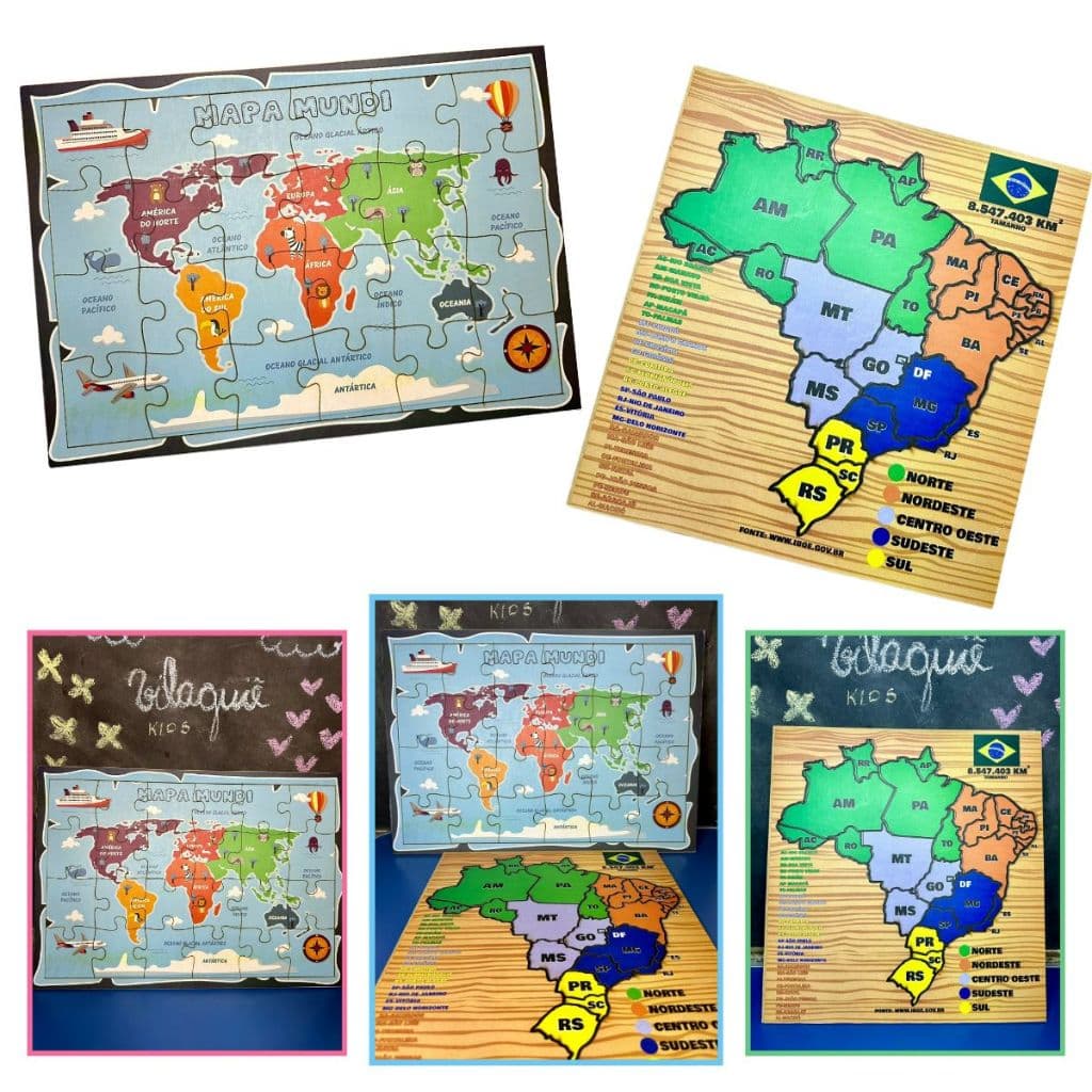 Brinquedo Pedagógico Quebra-Cabeça Mapa do Brasil e Mapa Mundi em MDF Brinquedo Educativo