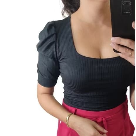 Blusa feminina manga princesa malha canelada