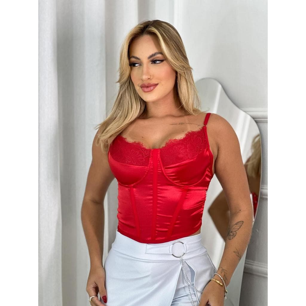 Corset Cropped De Renda Feminino Acetinado Com Alça Tendência.