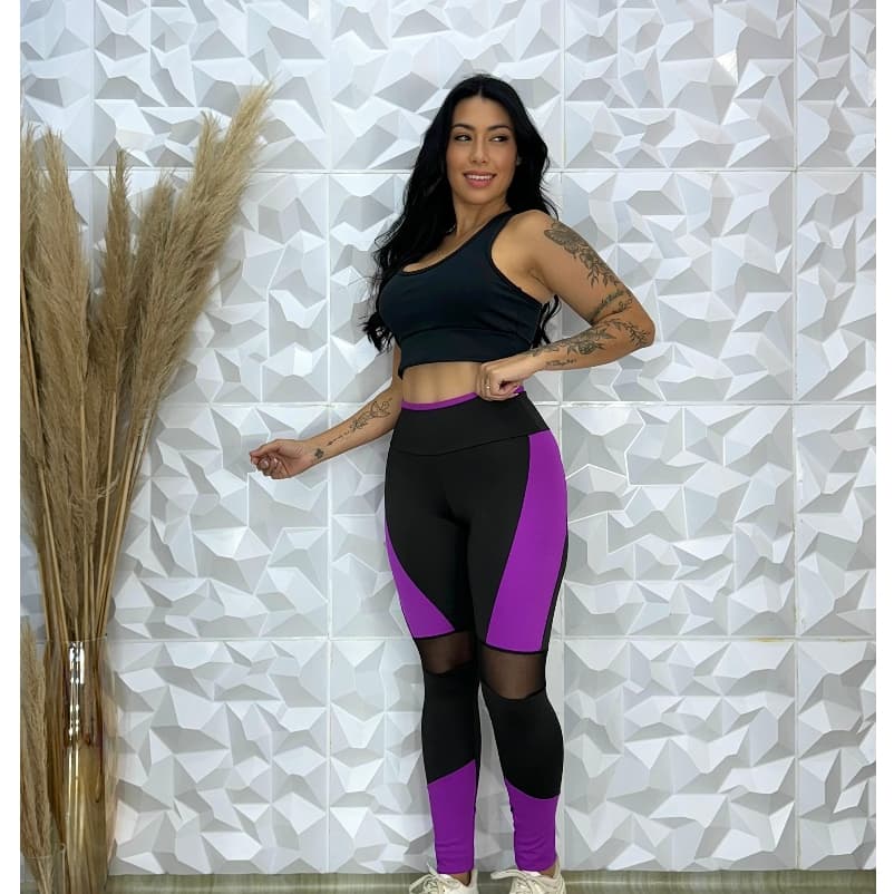 Calça Legging Fitness  Suplex Detalhe em Tule Academia.