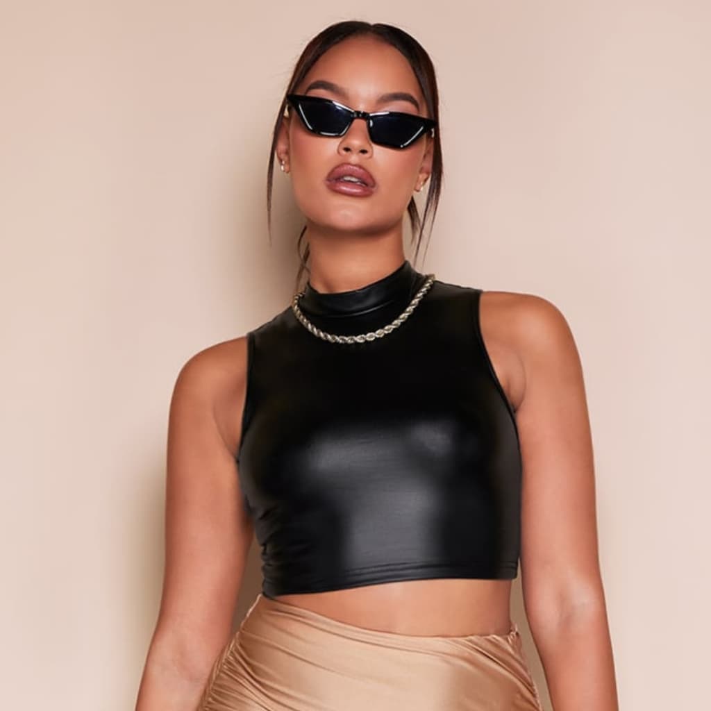 Cropped regata manga cavada cirrê gola alta elegante moda blogueira cheia glamour