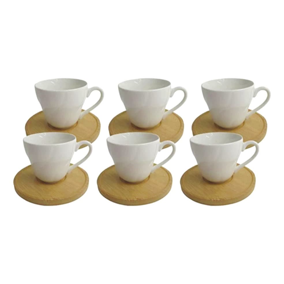 Jogo Xicaras De Porcelana Pires De Bambu Havana Camino 90ml Cor Branco