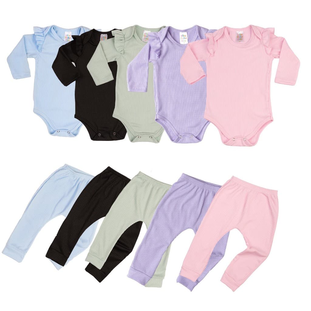 Conjunto Bebês Meninas Bodys Manga Longa Calcas Canelado Conforto Qualidade Basico Tamanhos P M G 01