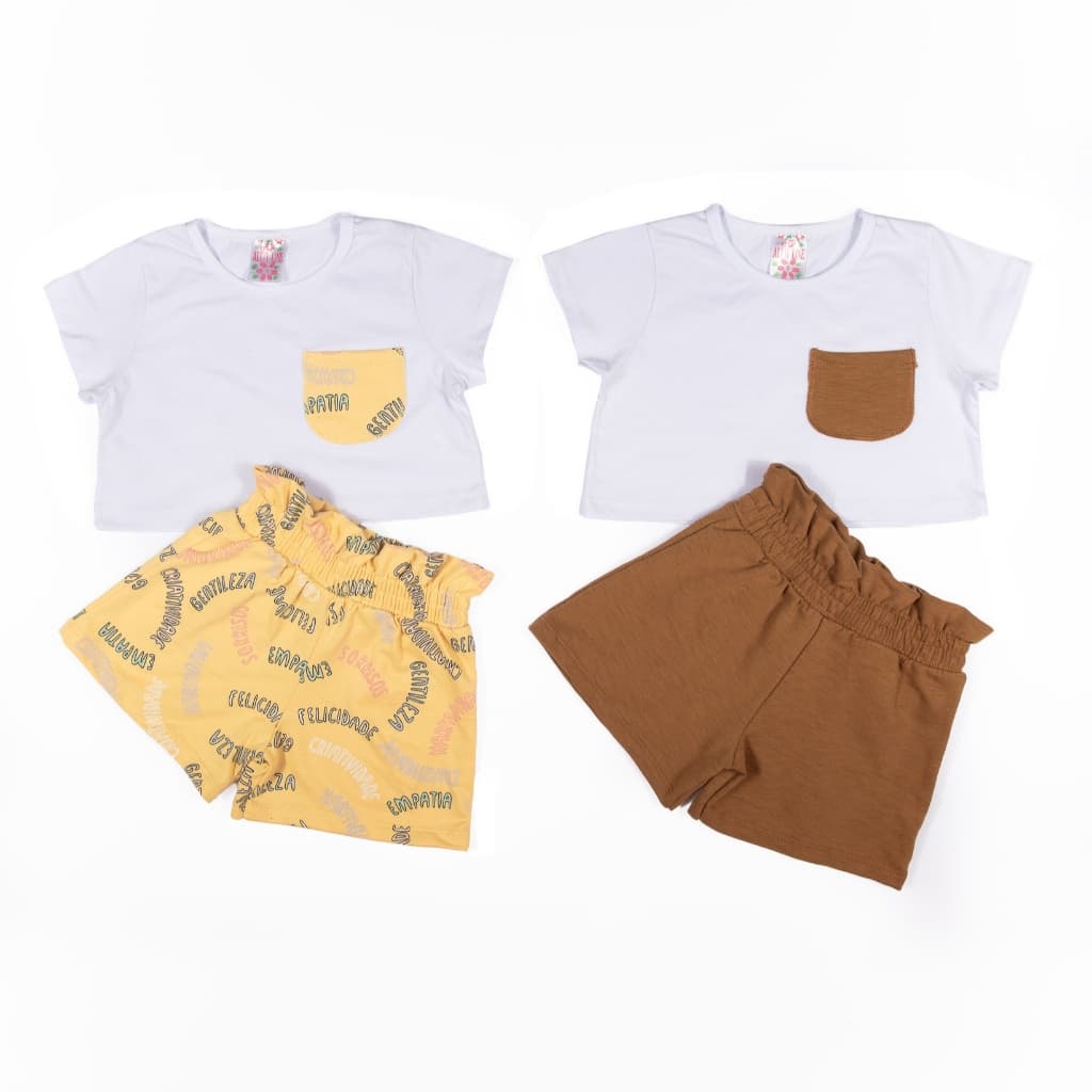 Kit 4 Peças Roupa Menina 100% Algodão 2 Blusa Cropped 2 Shorts Verão Conforto Tamanhos 4 6 8 10 Sortido