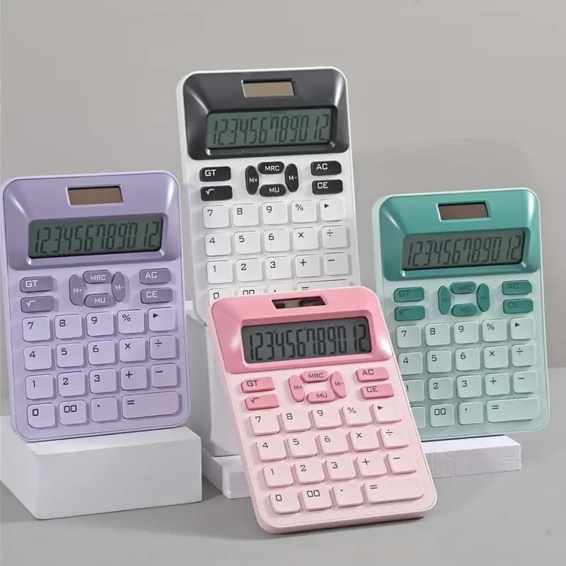 Calculadora DEXINBST com visor LCD de 12 dígitos - 4 opções de cores, energia solar, desligamento automático, antiderrapante, componentes eletrônicos incluídos