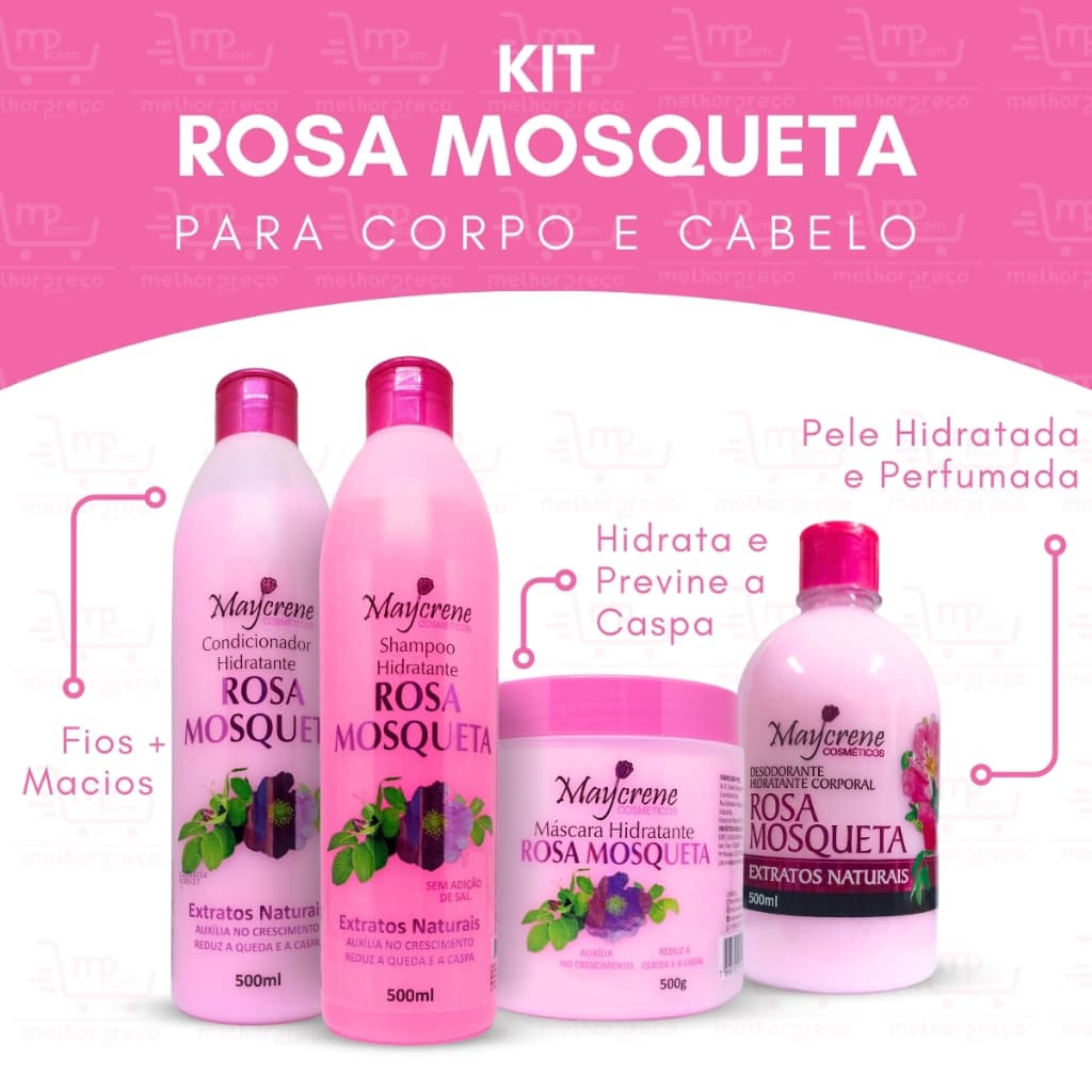 Kit Rosa Mosqueta Hidratante Corpo e Cabelo Maycrene (Kit Capilar + Desodorante Corporal) 4 PRODUTOS