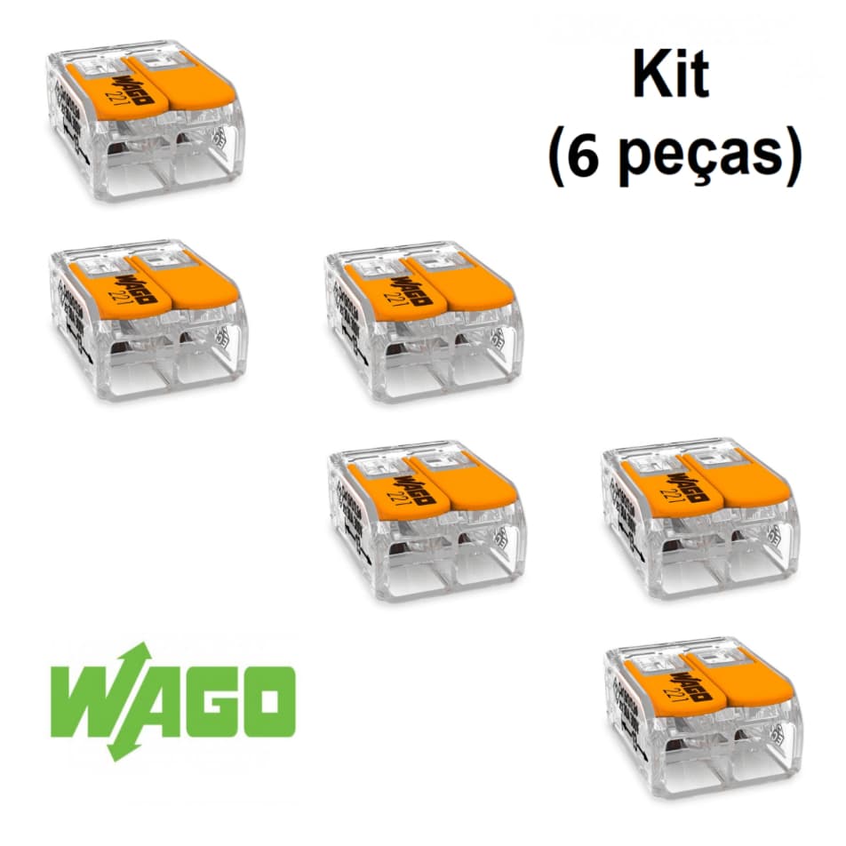Kit com 6 Peças Conectores WAGO Emenda Fio 0,5 - 6mm² 41A 221-612 2 vias ORIGINAL