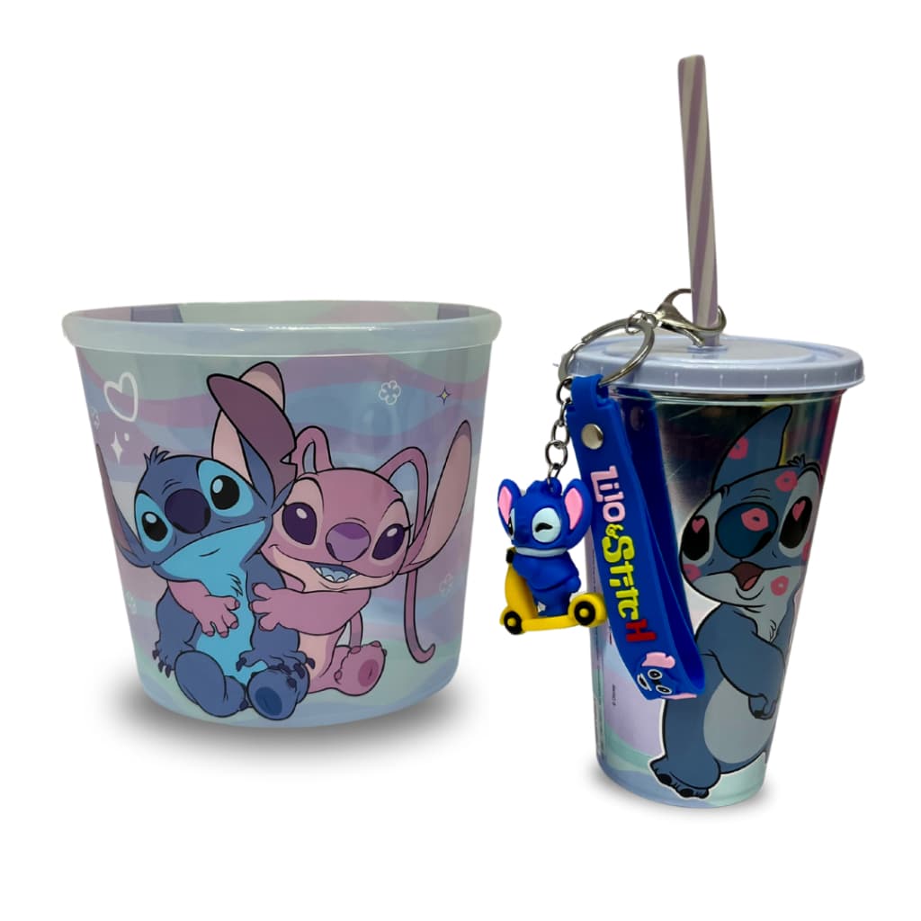 Kit oficial Stitch com 2 peças Plasútil + chaveiro Stitch / Balde de pipoca + Copo Refrigerante