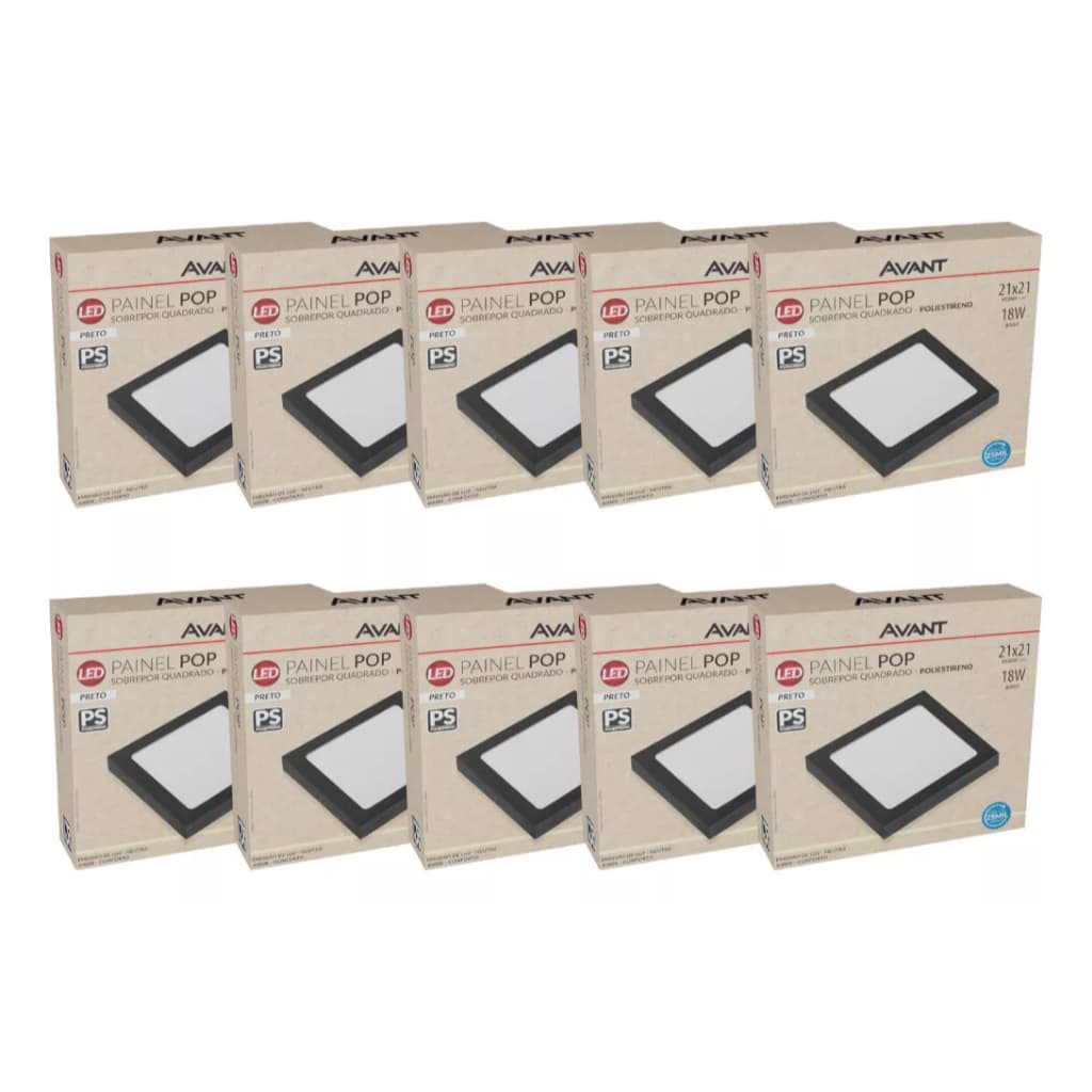 Kit 10 Painel Led Sobrepor Quadrado 21cm 18w 4000K Neutro Avant