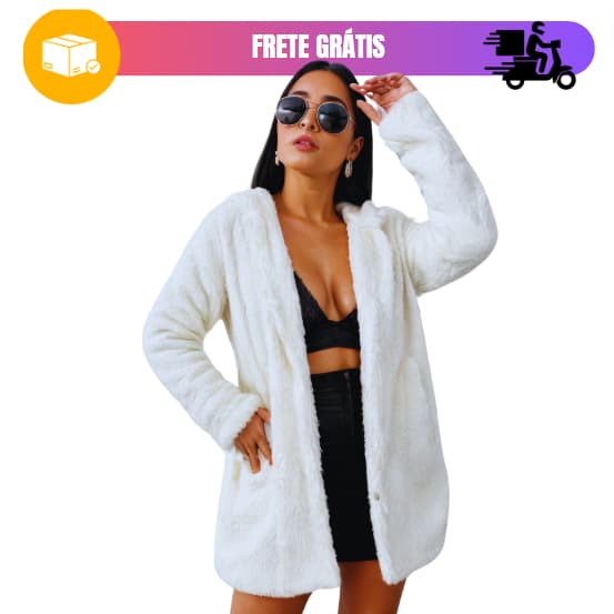 Casaco DeFrio Feminino Teddy Jaqueta Sobretudo Com Touca e Bolso