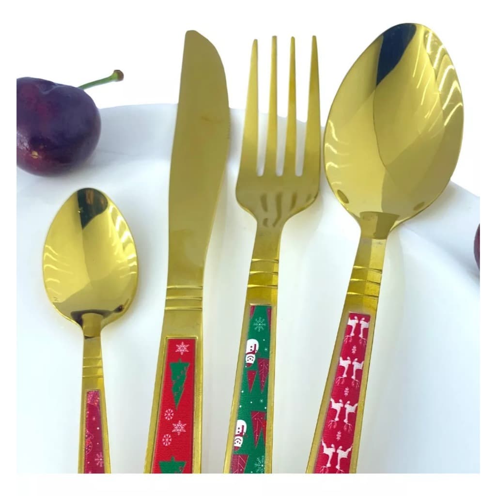 Jogo De Talheres Natal 4 Unidades Em Aço Inox Dourado