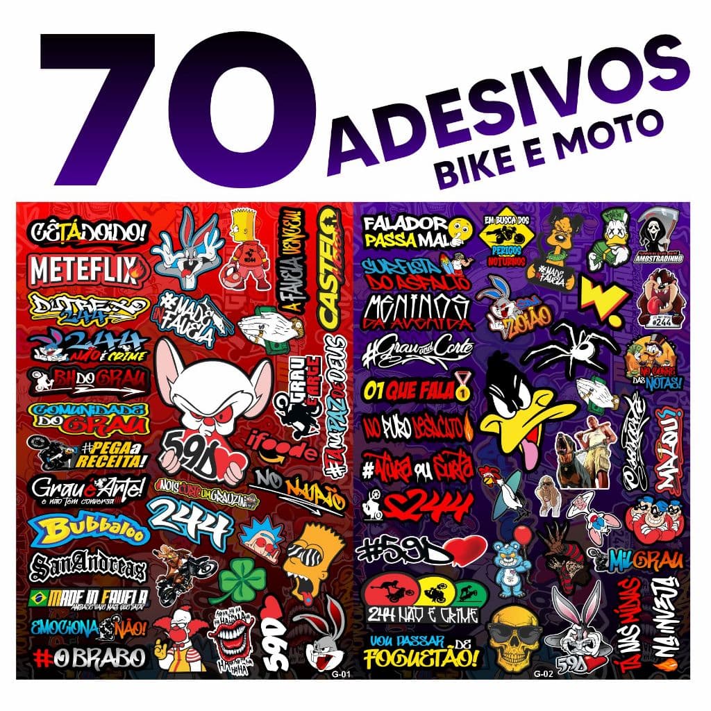 Cartela de adesivos 70 unidades - para Bike Carro Moto Capacete impreshow KC13