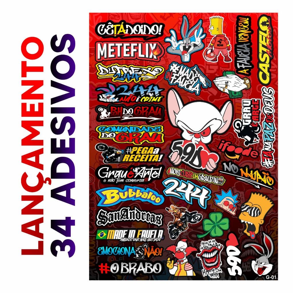 Cartela de adesivos 34 unidades - para Bike Carro Moto Capacete impreshow G-01