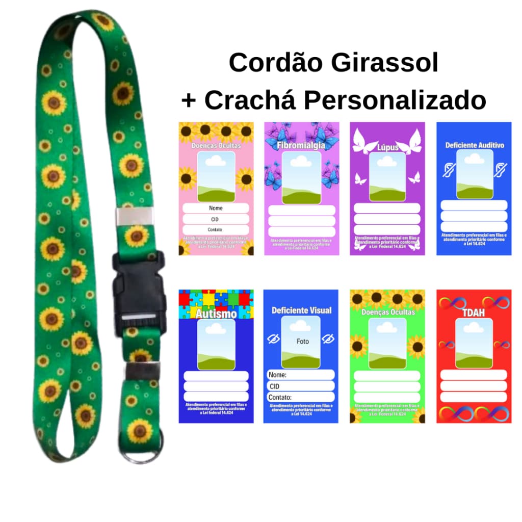 Kit Cordão Girassol + Crachá identificação diversos