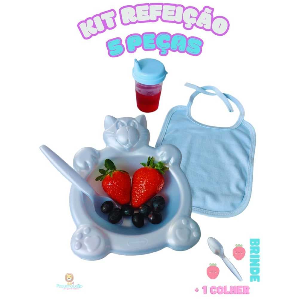 Kit Alimentação Bebê 5 Peças Talheres Prato Copo Babador Brinde + 1 Colher
