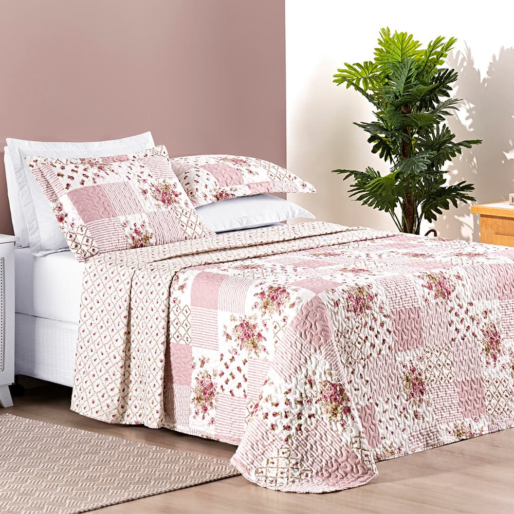 Cobre Leito Casal King 3 Peças Colcha Bouti Dupla Face Estampado - Porta Travesseiro Aba Americana