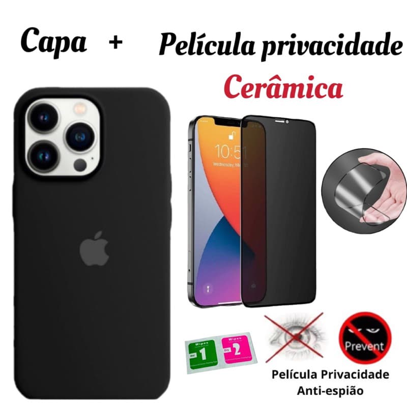 Kit Capa capinha cilicone aveludado alto qualidade para iPhone 12 iPhone 12pro  iPhone 12promax com película privacidade cerâmica