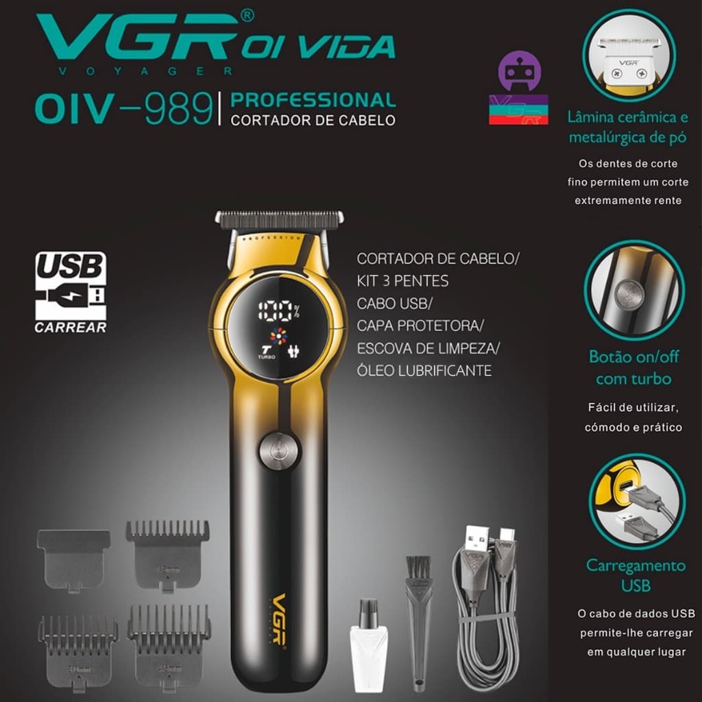 Máquina De Cortar Cabelo VGR Profissional Cortador De Cabelo Profissional Aparador De Cabelo Turbo Power Máquina De Aparar Barbeiro Carregamento USB Eléctrico Cortadores De Cabelo Para Homens V-989
