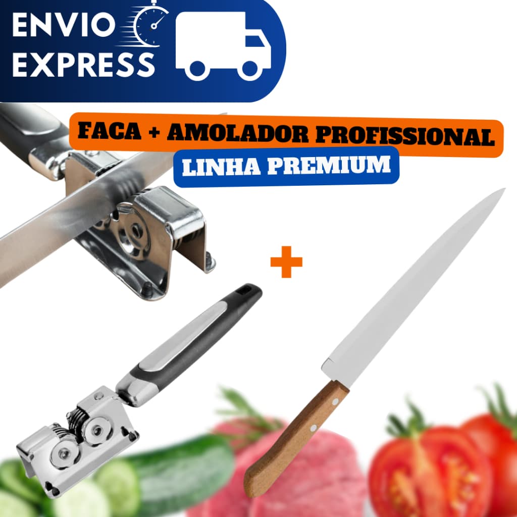 Jogo com 01 Faca de Cozinha 30,5cm + 01 Afiador De Facas Profissional Amolador Facas