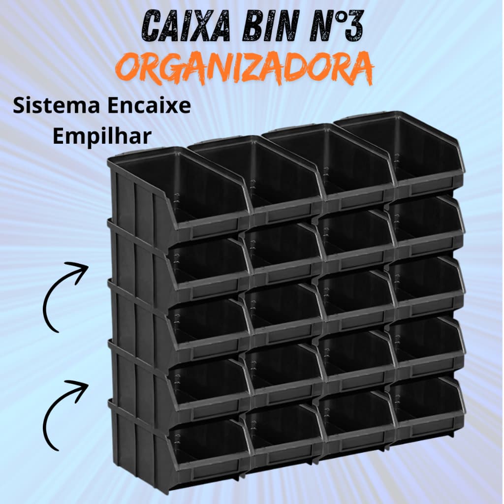Kit Gaveta Bin N3 Caixa Plástica Organizadora Gaveteiro Preto Profissional
