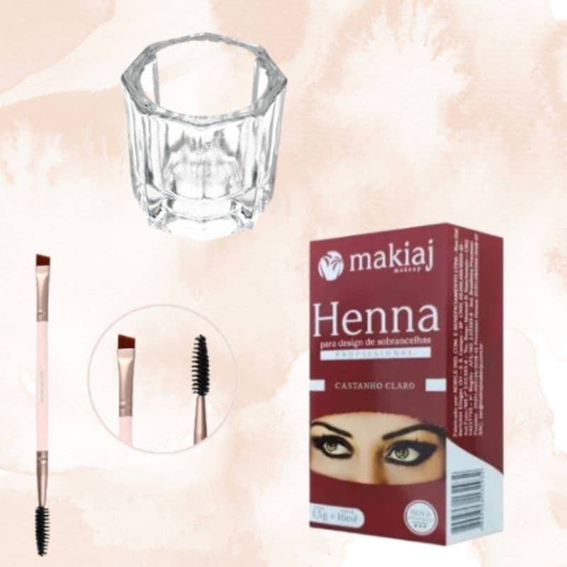 Kit Henna Profissional Makiaj + Pincel ponta dupla + Dappen copinho em vidro esterelização cuidados com a Sobrancelha / Sombrancelha