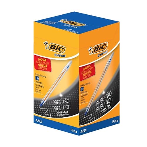 Caneta Esferográfica Azul de Ponta Fina Bic Cristal Precisão Ponta Ultra Fina de 0.8mm Escrita Macia Caixa com 50 Unidades