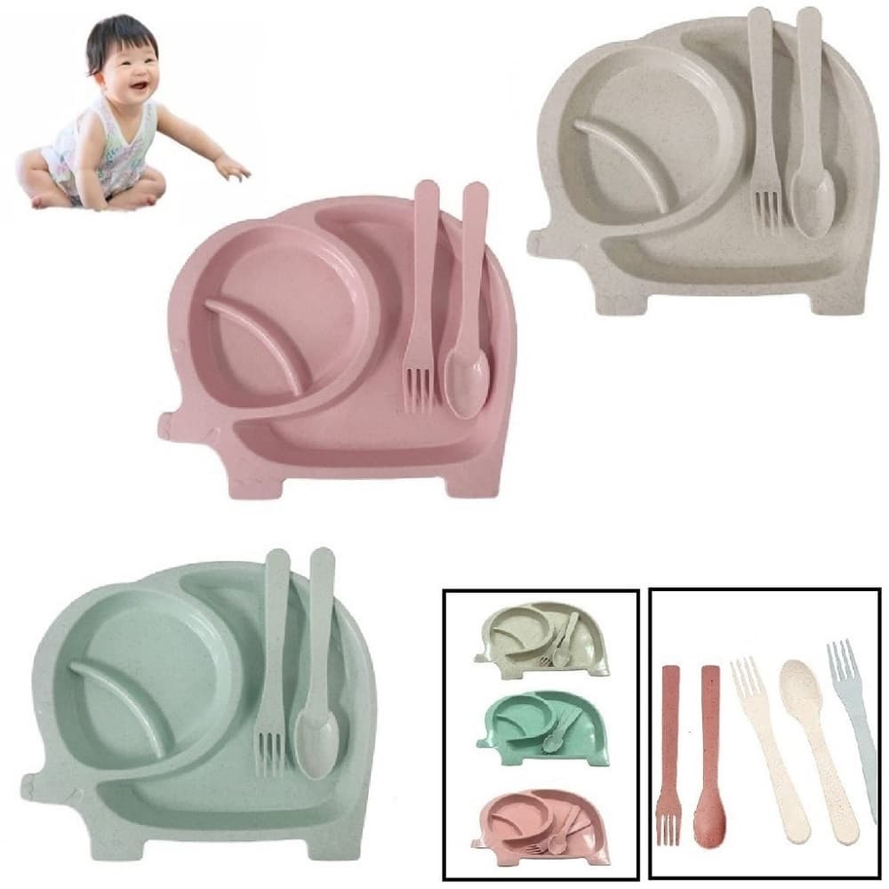 Kit Refeição Pratinho Infantil Introdução Alimentar Bebê Papinha com Divisórias com Talher Elefante