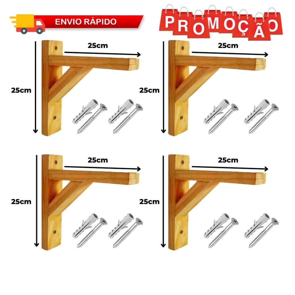 kit 4 Mão Francesa de Madeira Pinus  25cm por 25cm + Buchas e Parafusos