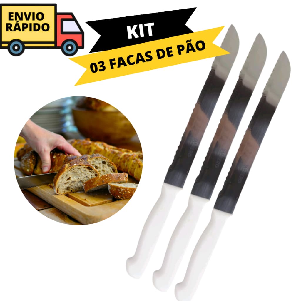 Kit Com 3 Facas De Cabo Branco Para Cortar Pão Faca Com Serra Para Casa E Para Uso Profissional