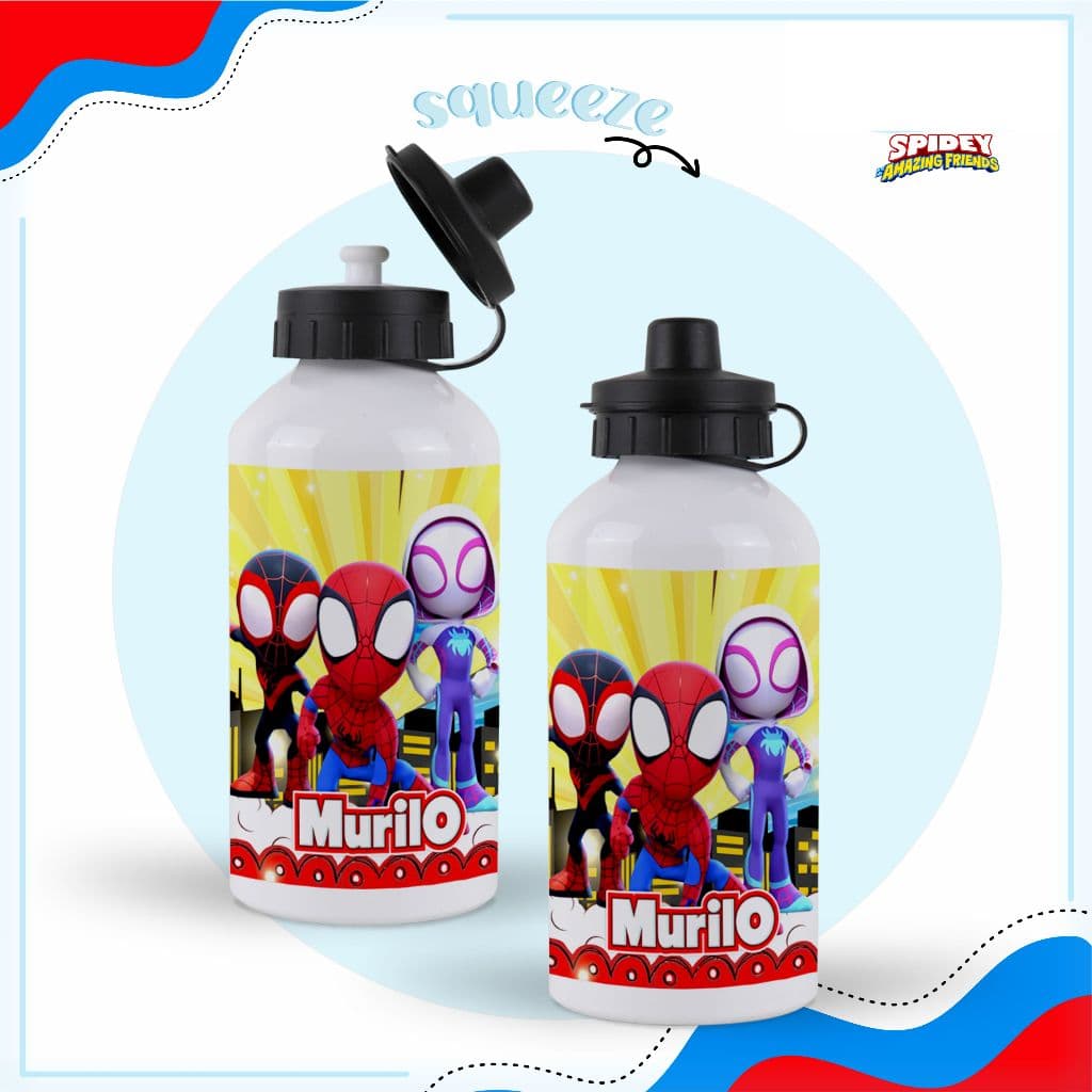 Spidey | Garrafa de alumínio infantil personalizada com nome 400 ml - garrafinha de água escolar