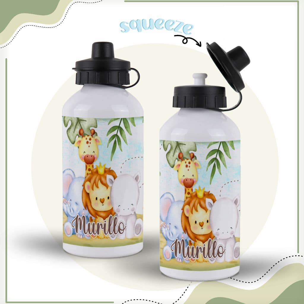 Garrafa de alumínio personalizada com nome 400 ml - Safari - garrafinha de água - squeeze