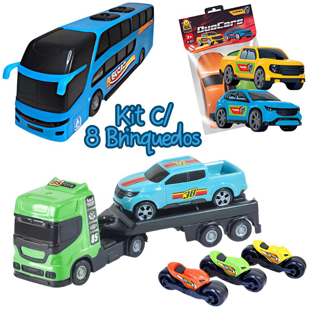 Kit 8 Brinquedos Menino Onibus Realista Com Um Reboque +3 Carrinhos +3 Motinhas Dia Das Crianças