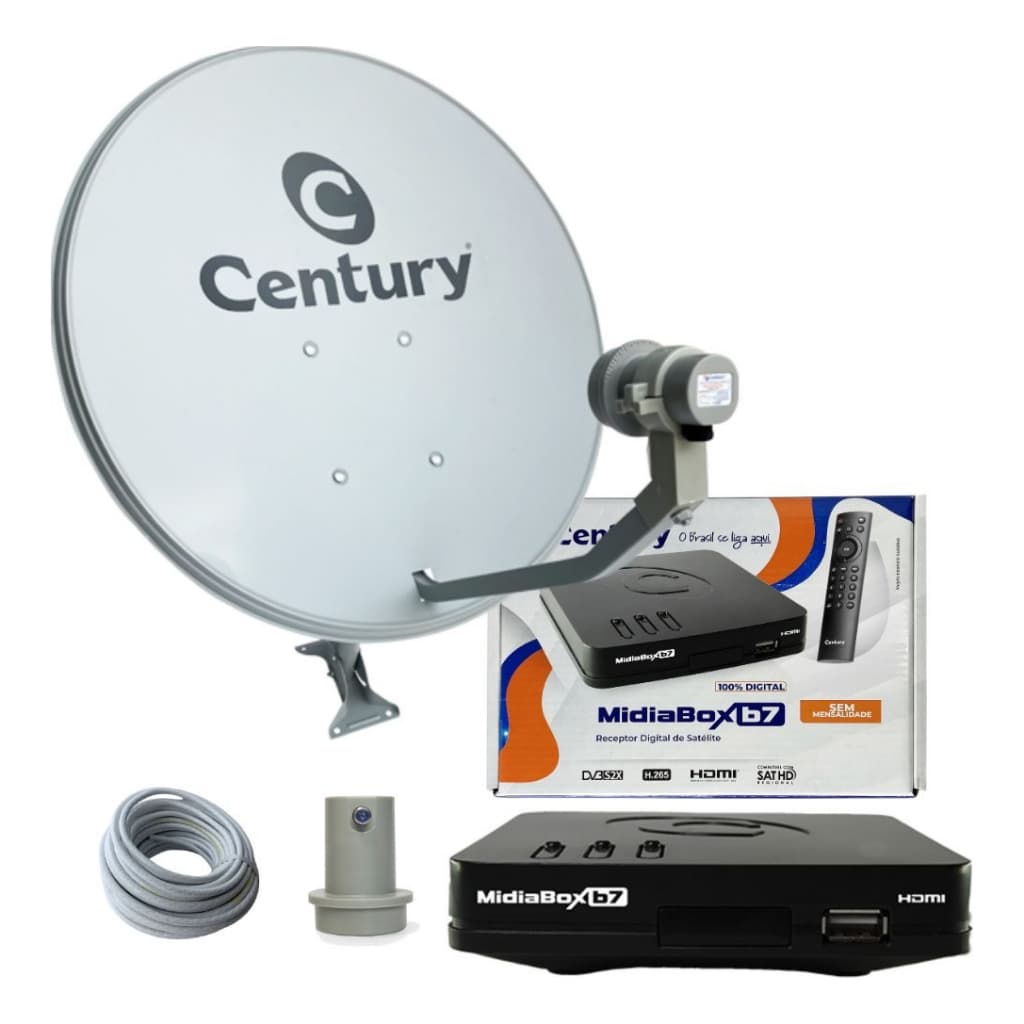 Kit Nova Antena Parabólica Digital Banda Ku com Midiabox B7 5G Century LNBF e Cabo