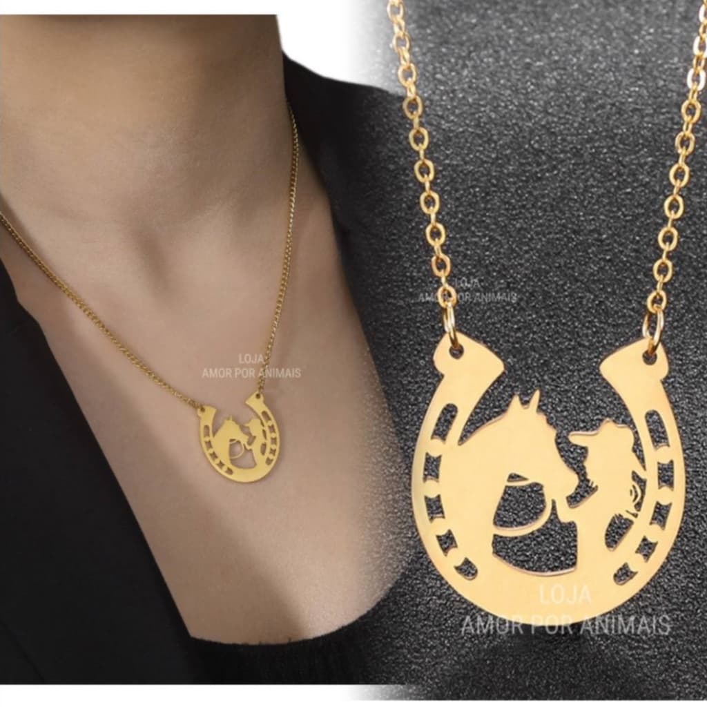 Corrente Colar Feminino Pingente Ferradura Cavalo Sorte Aço Inox Amor animais Presente Namorada